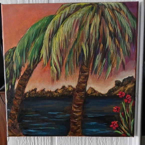 Original Oil Painting.12"x12"Tropical Sunset Canvas Art By Becki - Picture 1 of 7